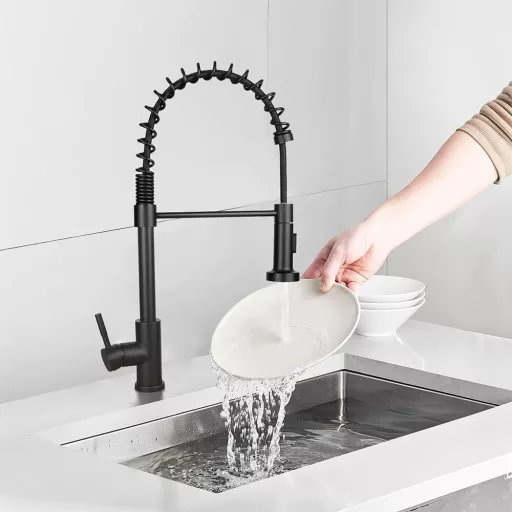 Rubinetto da cucina estraibile con tubo flessibile e testa di spruzzo nera