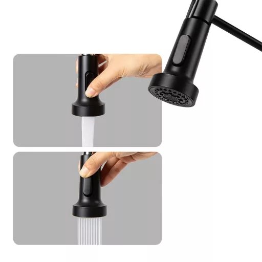 Rubinetto da cucina estraibile con tubo flessibile e testa di spruzzo nera