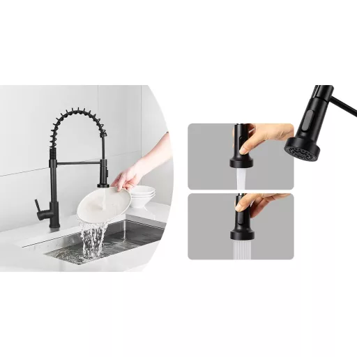 Rubinetto da cucina estraibile con tubo flessibile e testa di spruzzo nera