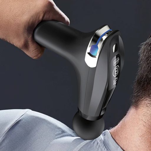 Pistola da massaggio con display LED e 4 teste intercambiabili, design ergonomico, ricarica USB-C