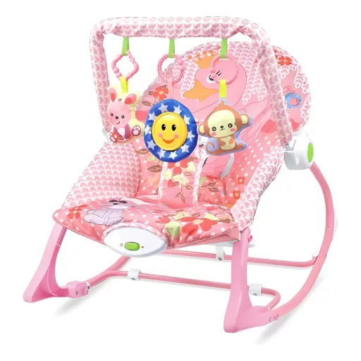 Sedia dondolo musicale vibrante per bambini con schienale regolabile e barra giochi - Fino a 18 kg, Rosa