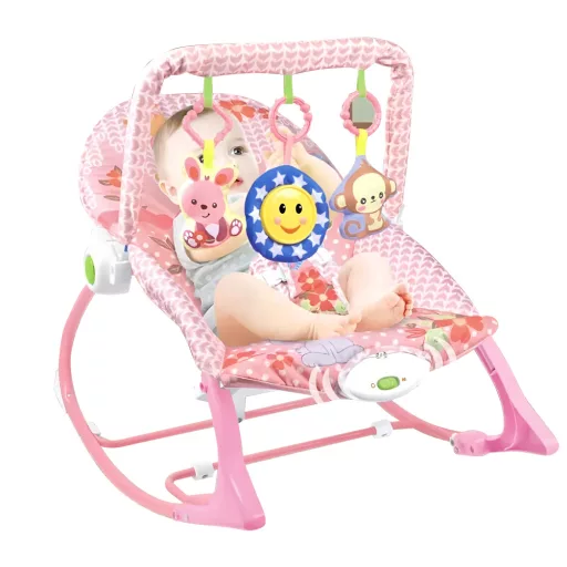 Sedia dondolo musicale vibrante per bambini con schienale regolabile e barra giochi - Fino a 18 kg, Rosa