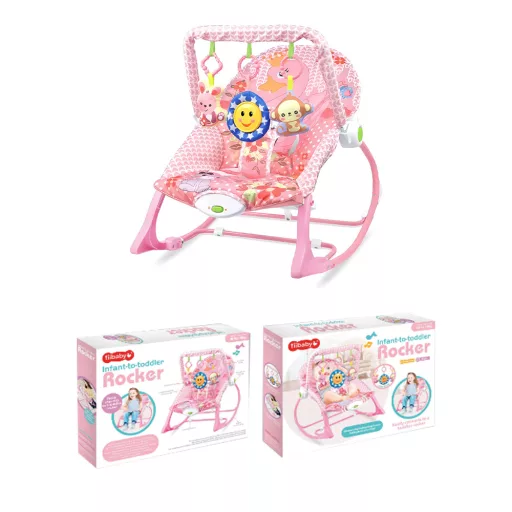 Sedia dondolo musicale vibrante per bambini con schienale regolabile e barra giochi - Fino a 18 kg, Rosa