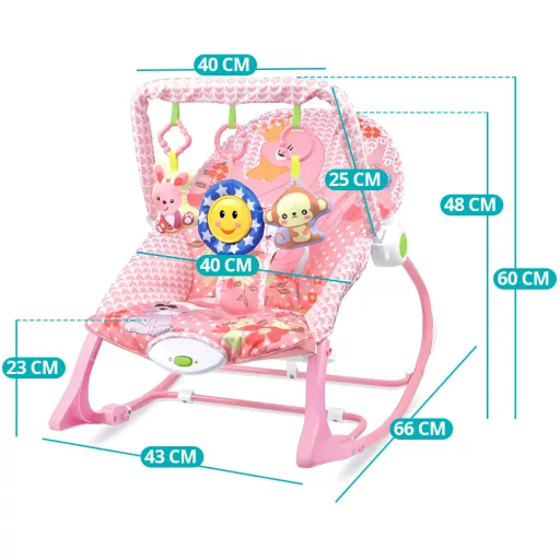 Sedia dondolo musicale vibrante per bambini con schienale regolabile e barra giochi - Fino a 18 kg, Rosa