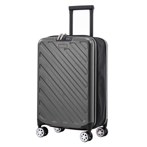 Valigia pieghevole grigia scura, capacità 36L, materiale PC+ABS, manico in alluminio, ruote da 5 cm