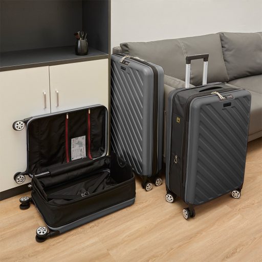 Valigia pieghevole grigia scura, capacità 36L, materiale PC+ABS, manico in alluminio, ruote da 5 cm