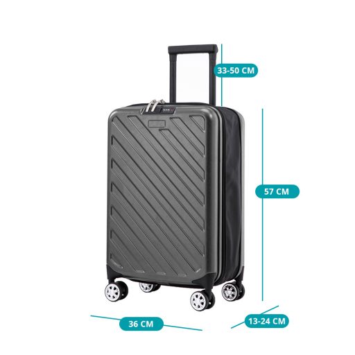 Valigia pieghevole grigia scura, capacità 36L, materiale PC+ABS, manico in alluminio, ruote da 5 cm