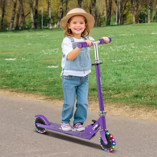 Monopattino pieghevole per bambini in alluminio con ruote LED, viola