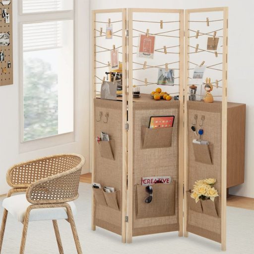 Divisore per stanze a 3 pannelli con 8 tasche e 4 ganci, naturale