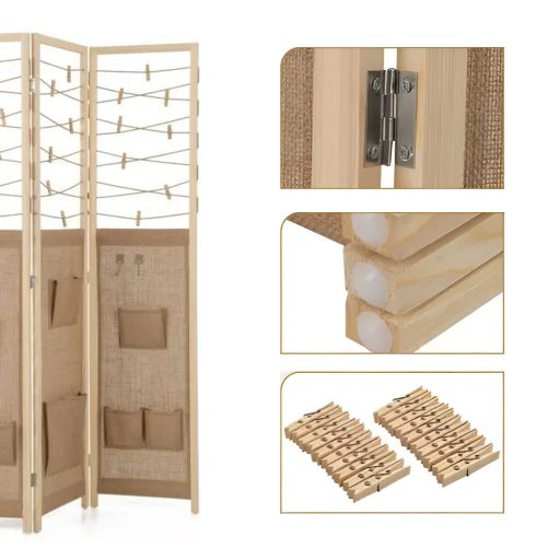 Divisore per stanze a 3 pannelli con 8 tasche e 4 ganci, naturale