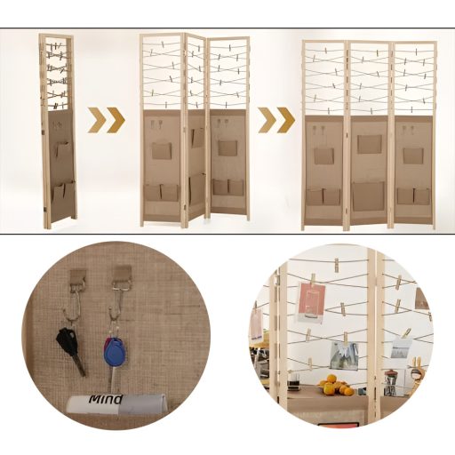 Divisore per stanze a 3 pannelli con 8 tasche e 4 ganci, naturale