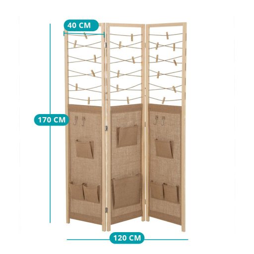 Divisore per stanze a 3 pannelli con 8 tasche e 4 ganci, naturale