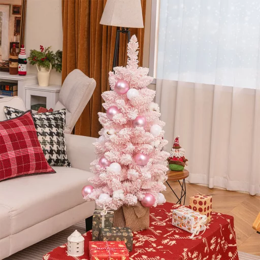 Albero di Natale Artificiale Neve con Decorazioni 90cm Rosa