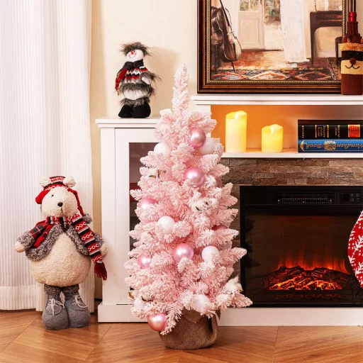 Albero di Natale Artificiale Neve con Decorazioni 90cm Rosa