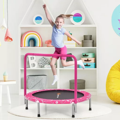 Trampolino Pieghevole per Bambini con Maniglia, Rosa