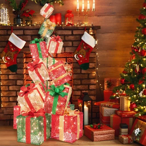 Torre di Scatole Regalo Illuminata con 450 LED, 170 cm