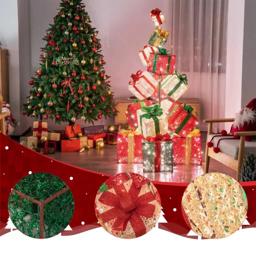 Torre di Scatole Regalo Illuminata con 450 LED, 170 cm