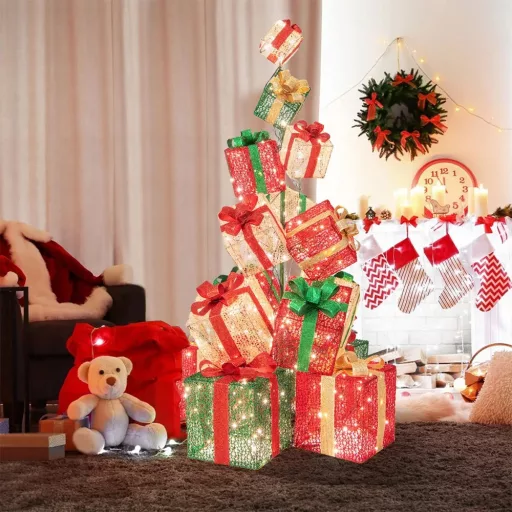 Torre di Scatole Regalo Illuminata con 450 LED, 170 cm