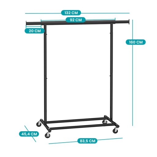 Stendibiancheria regolabile in altezza con ruote - Nero, capacità 90 kg, estensibile 92-132 cm