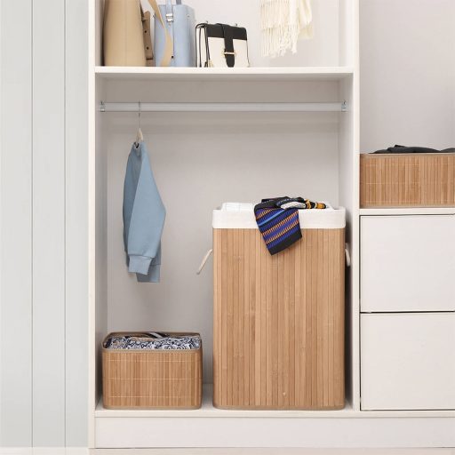 Cesto per la biancheria in bambù stretto con sacchetto rimovibile e lavabile, capacità di 72 litri