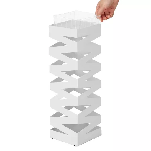 Supporto per ombrelli in metallo bianco moderno con motivo zigzag e vassoio raccogligocce