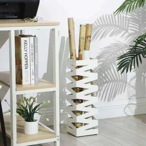 Supporto per ombrelli in metallo bianco moderno con motivo zigzag e vassoio raccogligocce