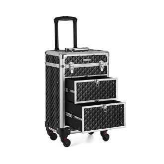   Valigia per trucco professionale con ruote e lucchetto, 34x27x57 cm, ABS e alluminio neri