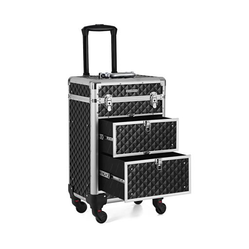 Valigia per trucco professionale con ruote e lucchetto, 34x27x57 cm, ABS e alluminio neri