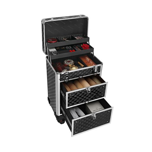 Valigia per trucco professionale con ruote e lucchetto, 34x27x57 cm, ABS e alluminio neri