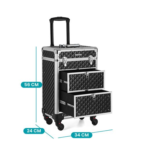 Valigia per trucco professionale con ruote e lucchetto, 34x27x57 cm, ABS e alluminio neri