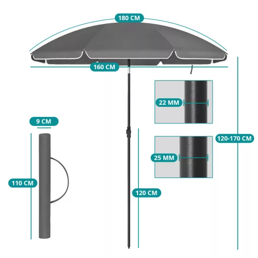 Parasol Rotondo Regolabile con Borsa, Grigio