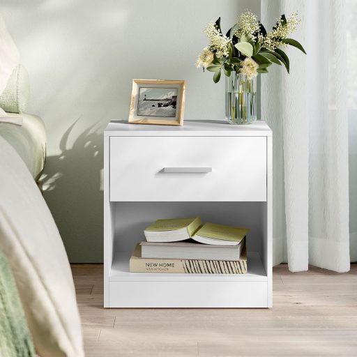 Comodino bianco classico con cassetto e ripiano aperto - 39x27,6x41cm