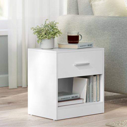 Comodino bianco classico con cassetto e ripiano aperto - 39x27,6x41cm