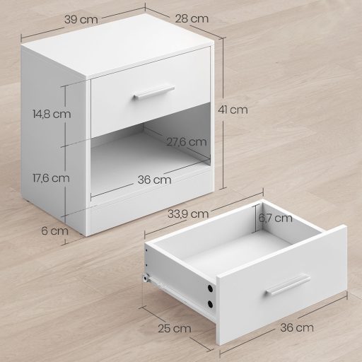 Comodino bianco classico con cassetto e ripiano aperto - 39x27,6x41cm