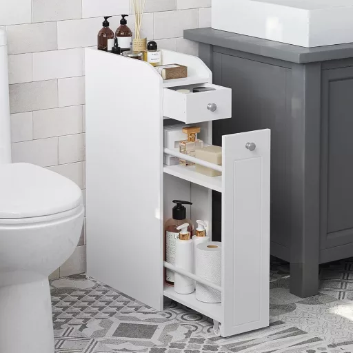 Armadio da bagno stretto - Design in MDF a 4 ripiani con cassetto scorrevole