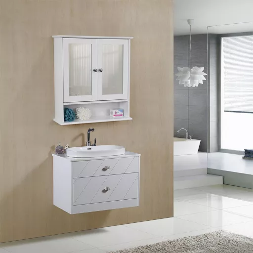 Armadio da bagno bianco a muro con specchi e ripiano regolabile