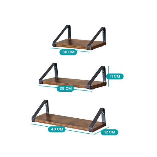 Set di mensole da parete rustiche marroni in 3 pezzi con struttura in metallo