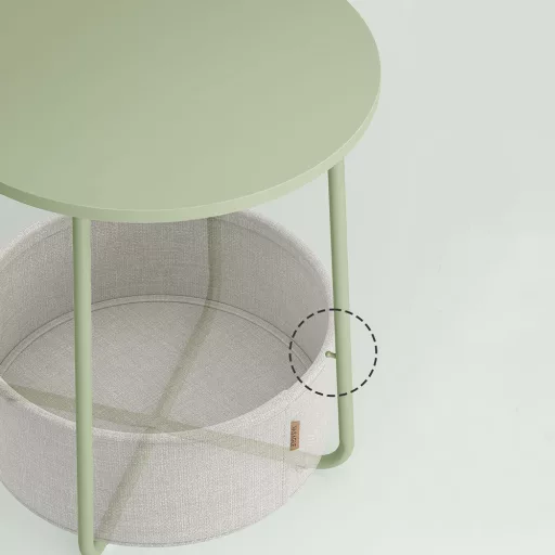 Tavolino da caffè rotondo con cestino in tessuto, verde chiaro